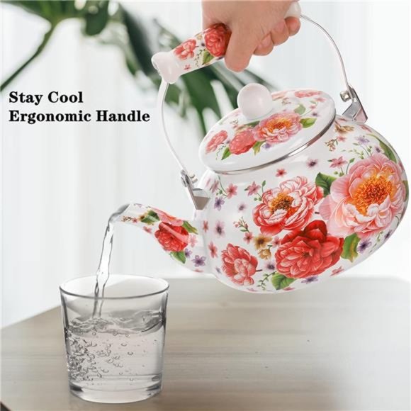 2.6 Quart Enamel Tea Kettle Stovetop, Large Porcelain Enameled Teakettle - Picture 4 of 8